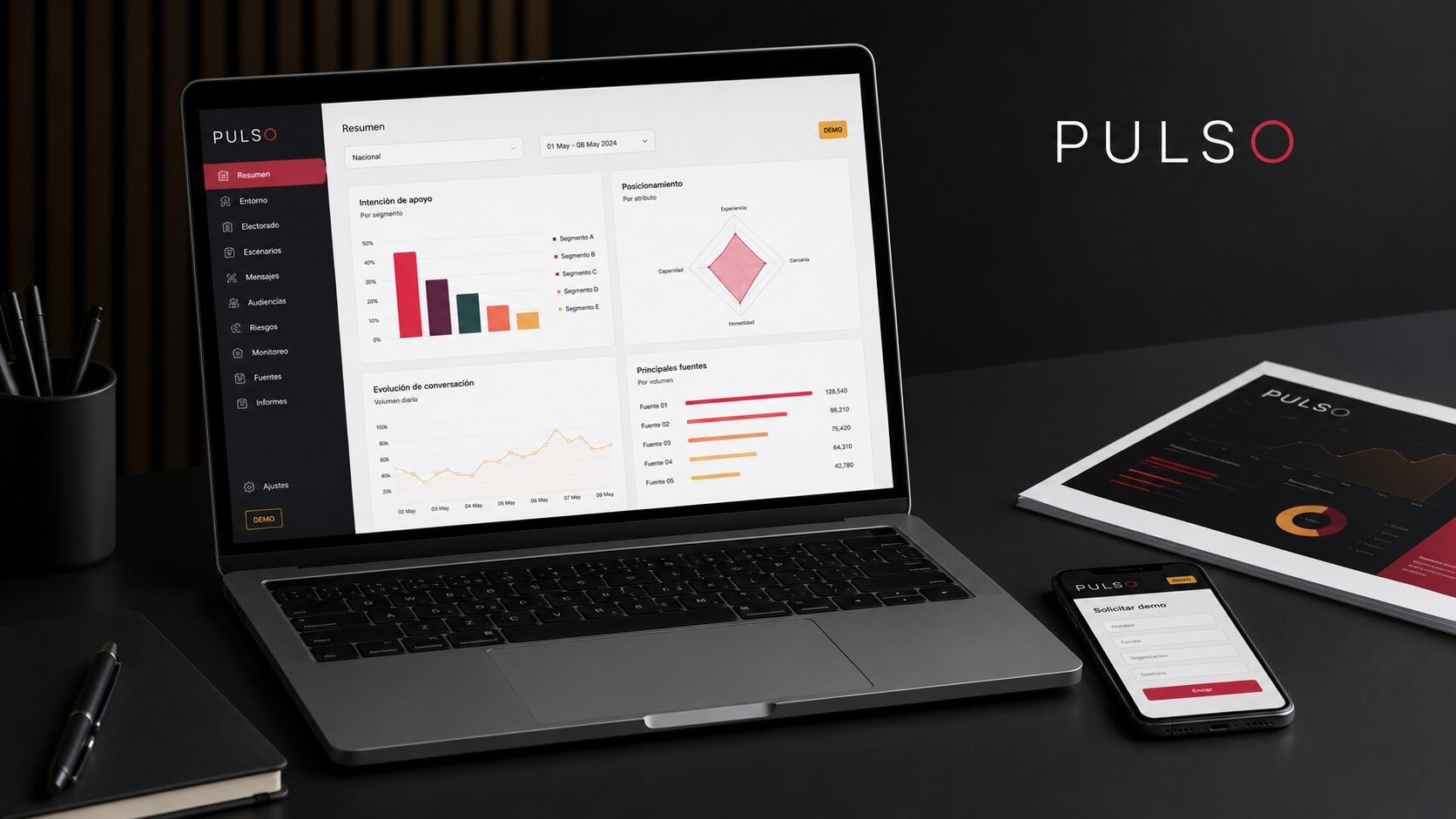 Dashboard de PULSO en una laptop — datos de demostración